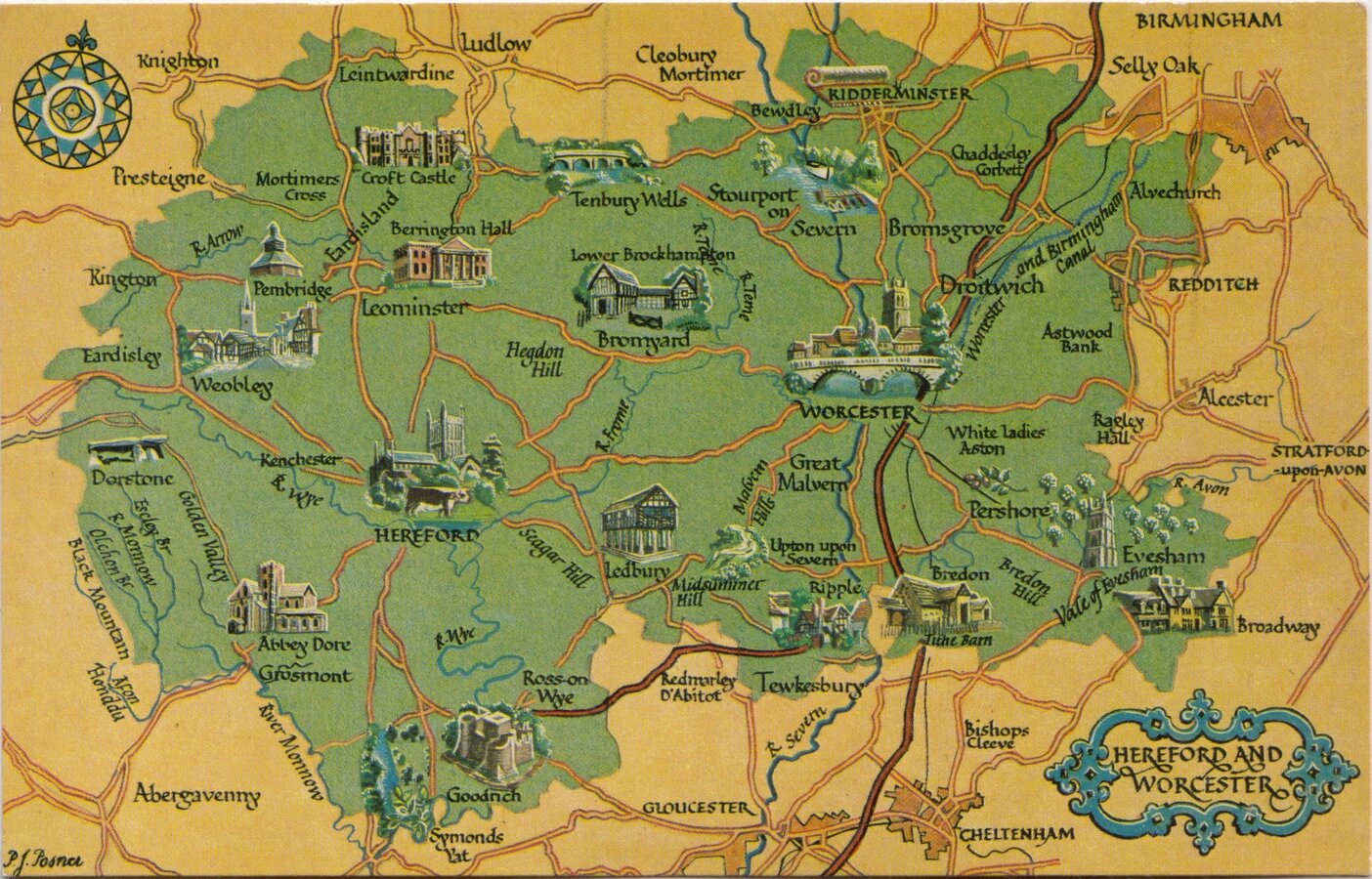 Hereford & Worcester Map Postcard
