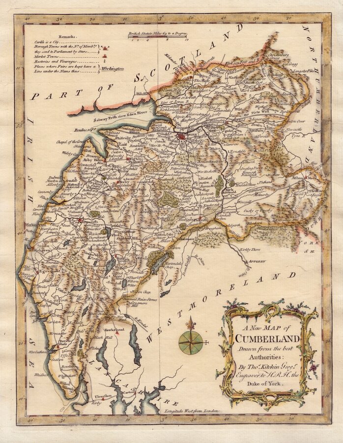 古地図　大判　R.MORDEN 英国Cumberland図　キュンバーランド An antique Robert Morden Cumberland map, 18th century